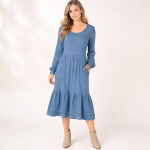 Canyon Retreat Women Midi Dress XL Blue Tiered Crochet Lace Boho Coastal Flowy